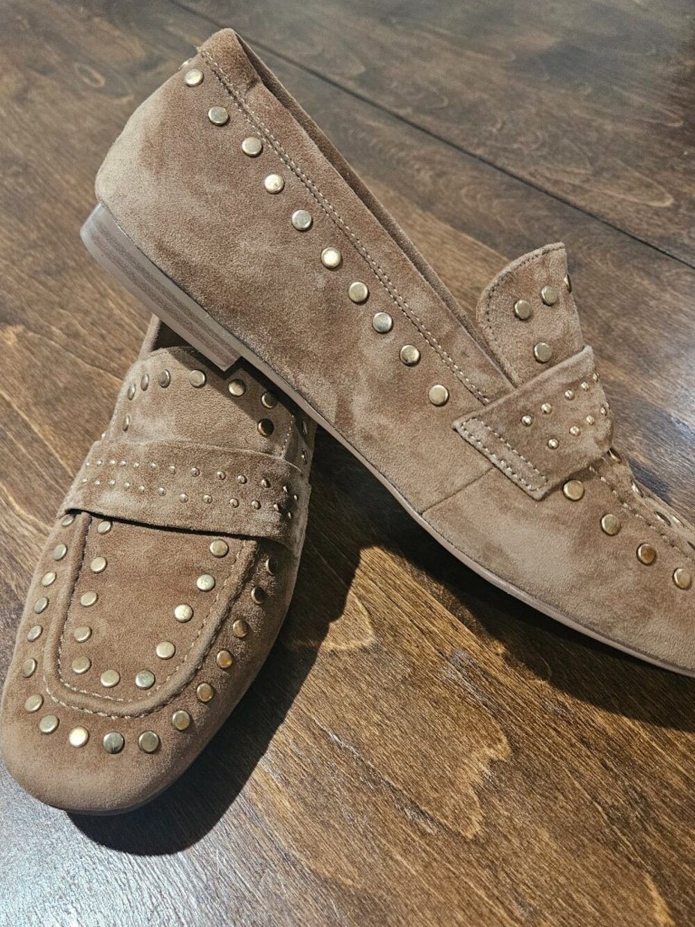 Brown suede loafers with gold studs size 8.5